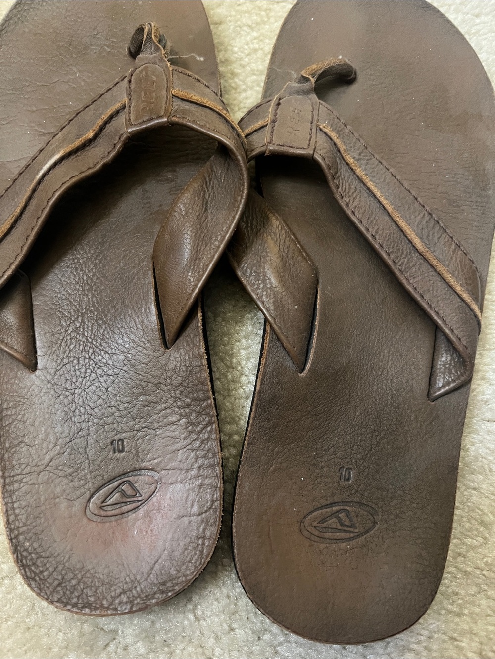Brown Leather Flip Flops with Embossed Logo